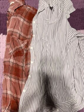 Striped Button-Up & Rust Plaid Shirt Set